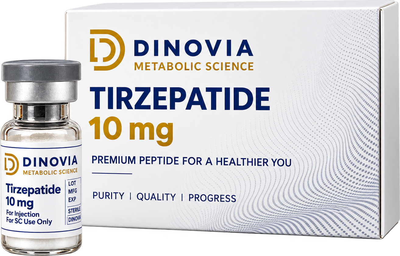 DINOVIA Tirzepatide 10 mg vial in front of its carton.